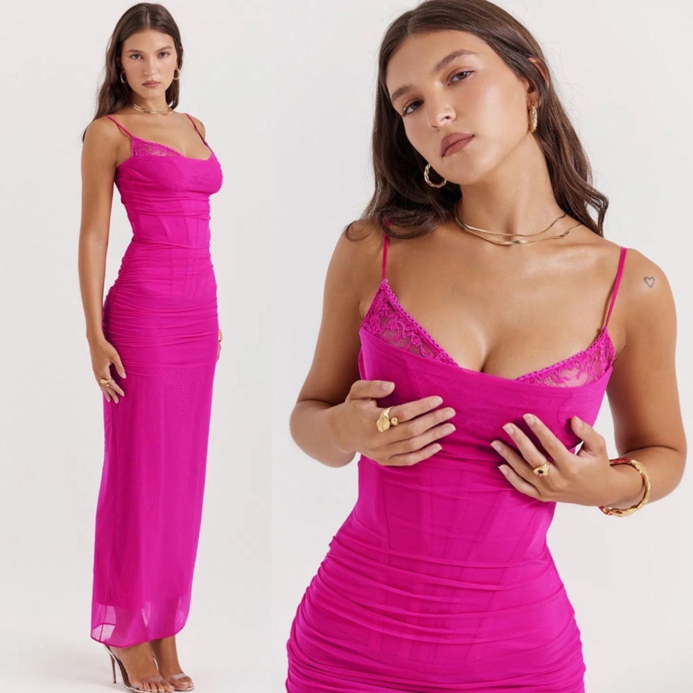 House of CB Fuchsia Pink Lace-Trim Maxi Dress